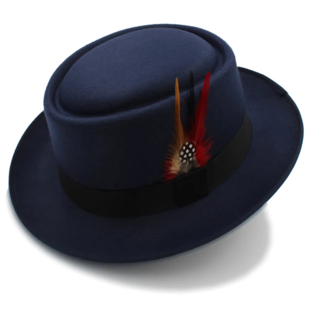 Dark Blue Модная мужская шляпа из свинины, шерстяная шляпа для папы, плоская шляпа-федора, шляпа джентльмена, геймера, Панама, шляпа Трилби с модным пером, размер 58 см - Цвет: Dark Blue