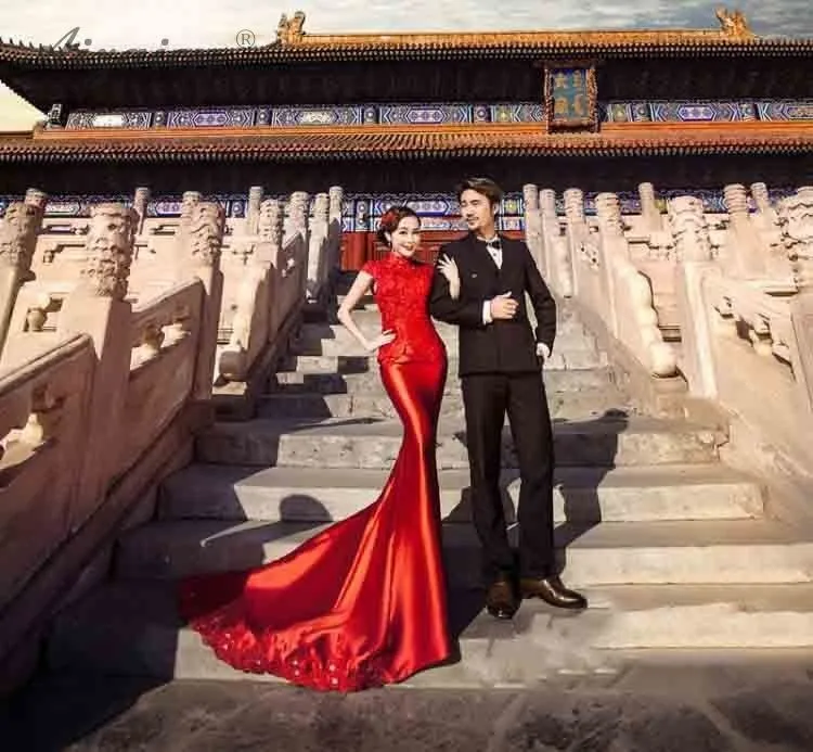Сезон: весна–лето Красное атласное платье Cheongsam современные невесты Qi Pao Для женщин традиционное китайское свадебное платья платье Тонкий Русалка Qipao
