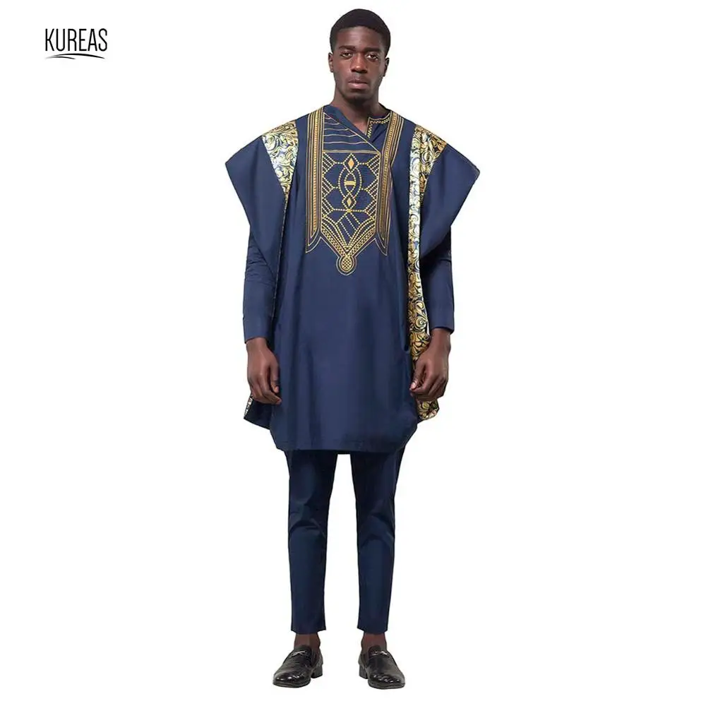 Тёмно-синий Kureas Agbada африканская Бубу мужская одежда традиционный Дашики 3 шт набор Племенной наряд вышивка формальный наряд Одежда - Цвет: Тёмно-синий