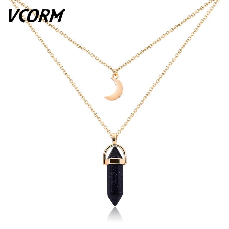 Star VCORM, Милая луна, шестиугольная колонна, натуральный кристалл, цепочки, ожерелья, Модные Винтажные звенья цепи, ожерелья для женщин, ювелирное изделие, подарок - Окраска металла: Star