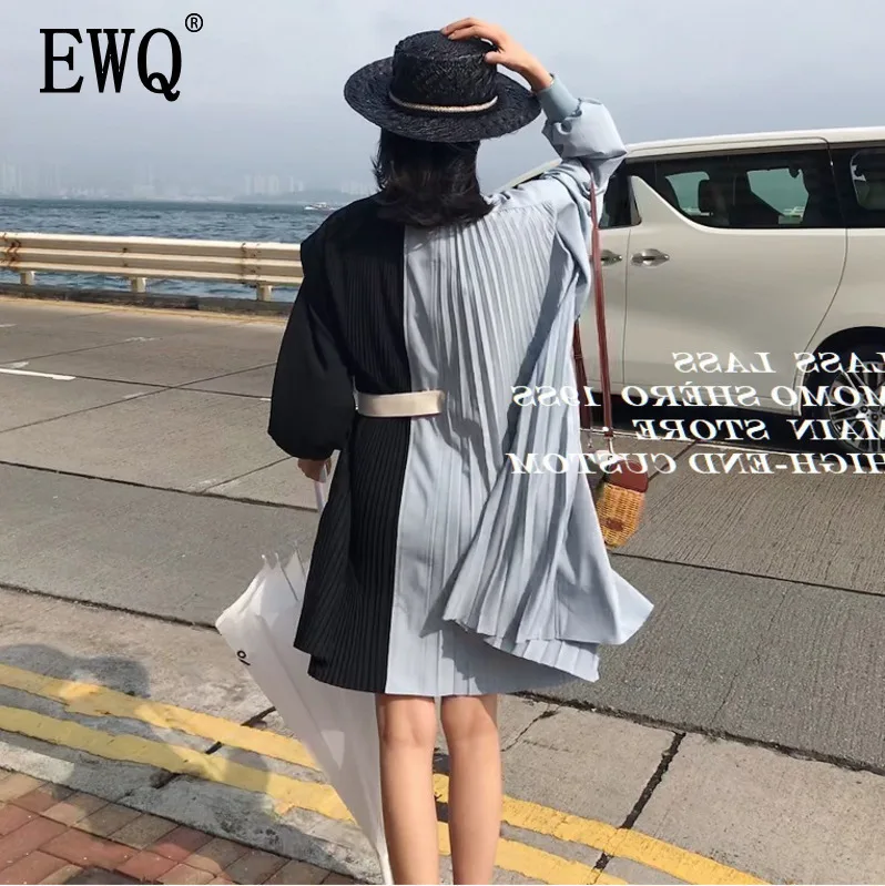 [EWQ] Плиссированное женское платье с длинным рукавом, свободный воротник, большой размер, со складками, женское платье-рубашка для досуга, осень, QF961