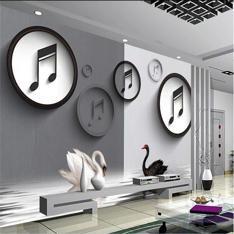 

beibehang Customize any size fresco wallpaper creative black and white swan musical notes 3D stylish TV backdrop 3d wallpaper