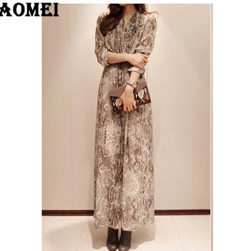 Women Long Sleeve Dress Snake Printed Elastic Waist Chiffon Loose Shirt Dresses Boho Casual Ladies Vintage Robes Spring | Женская одежда