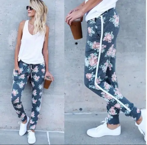 Для женщин Повседневное свободные Цветочный принт ED Штаны с высокой посадкой Jogger