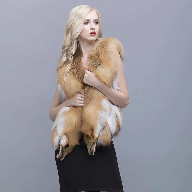QIUSIDUN Natural Red Fox Fur Vest V Collar 50 Cm Coat Winter Warm Fashion Large Size Woman's Pure Natural Full Pelt Vests Solid