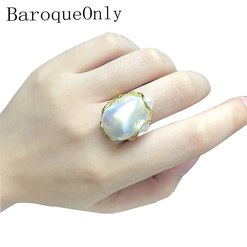 BaroqueOnly, высокий блеск, белый барочный жемчуг, регулируемые кольца, натуральный Большой жемчуг, ювелирные изделия ручной работы, серебро 925 пробы, RZ