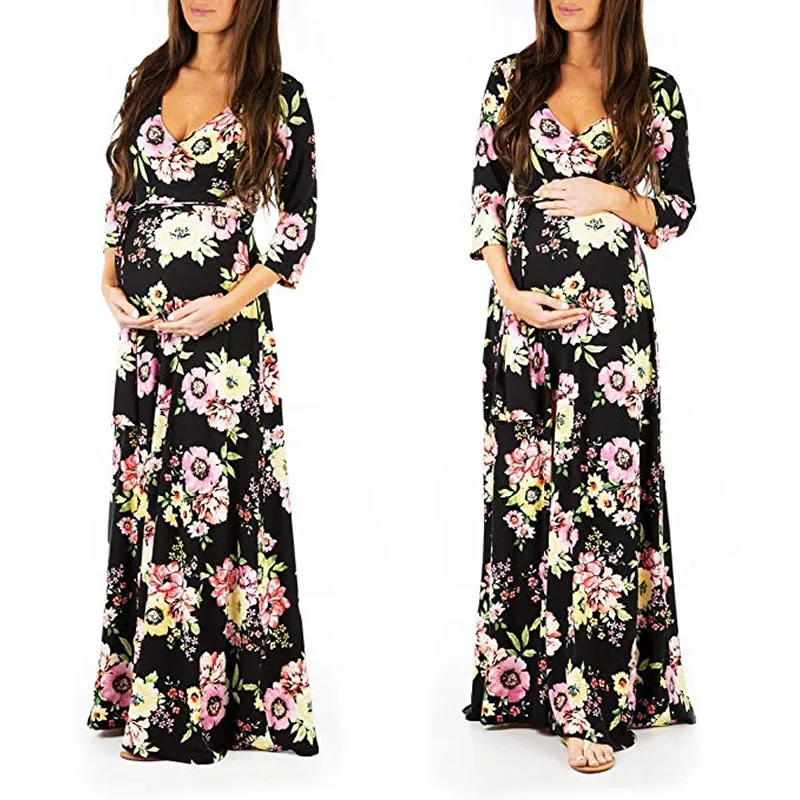 

Maternity Dress Floral print Long sleeve wrap ruched dresses Adjustable Belt for pregnancy women Elegant gown pregnant clothes