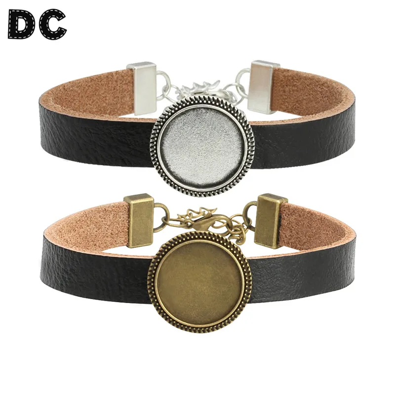 Черный Кожаный Браслет манжета 18 мм круглый бронза под старину/серебряный цвет