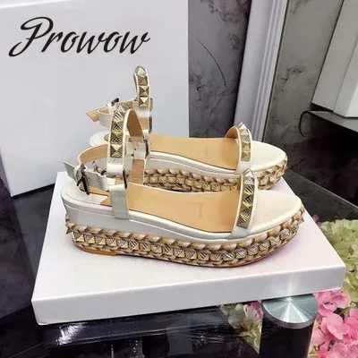 AS PIC Prowow/Новинка; Роскошные Дизайнерские качественные летние босоножки из натуральной кожи с жемчугом и шипами; пикантная женская обувь на танкетке с открытым носком и ремешком с пряжкой - Цвет: AS PIC