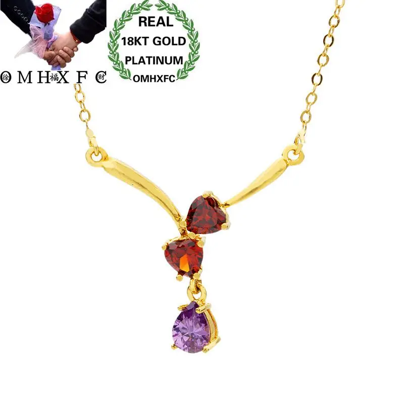 

MHXFC Wholesale European Fashion Female Party Wedding Gift Pink Red Water Drop AAA Zircon Real 18KT Gold Pendant Necklace NL149
