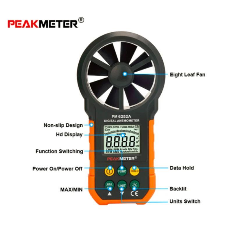 Цифровой анемометр PEAKMETER PM6252A/PM6252B, измеритель скорости ветра, объема воздуха, 30 м/с ЖК-дисплеем PM6252B с RH USB портом