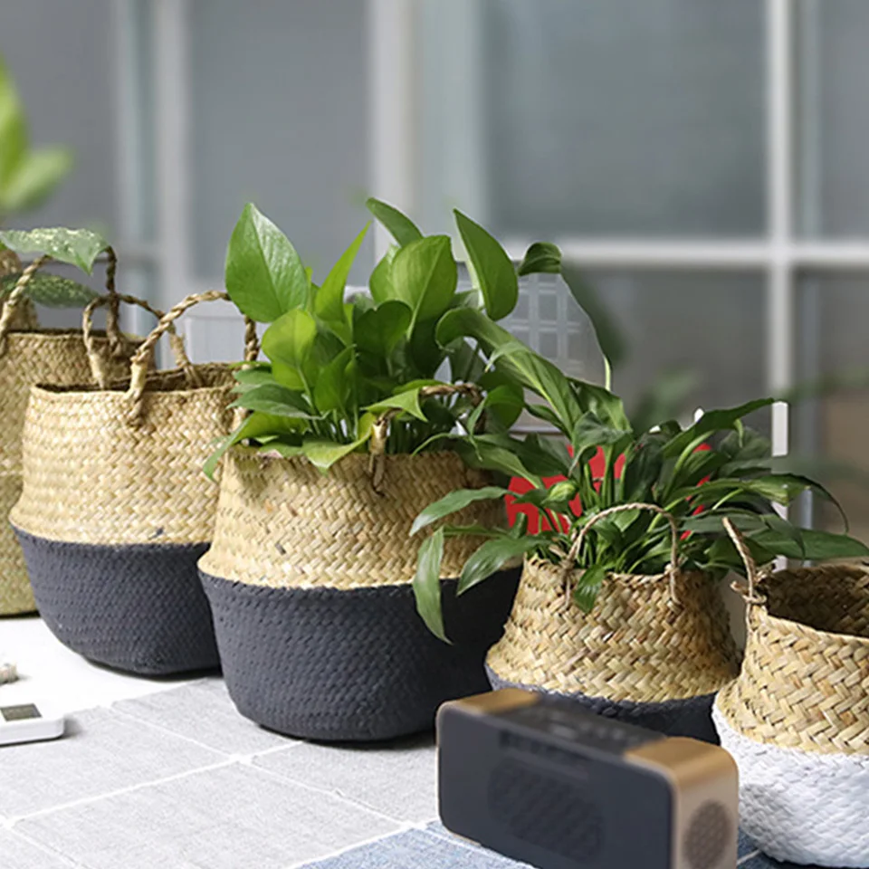 Wicker Baskets For Plants Foldable Natural Woven Seagrass Belly Storage Basket Rattan Flower Pots Laundry | Дом и сад
