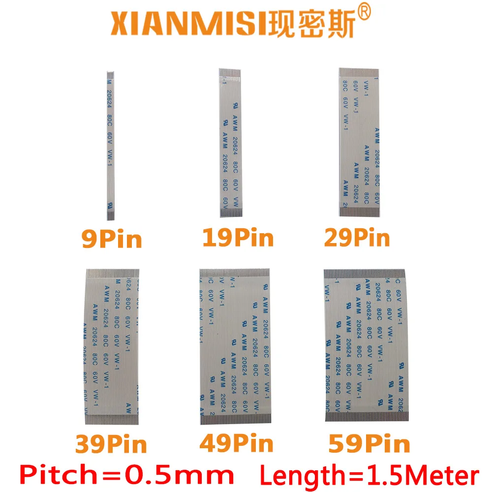 

FFC FPC Flat Flex Extension Cable 9Pin 19Pin 29Pin 39Pin 49Pin 59Pin Same Side 0.5mm Pitch AWM 20624 60V Length 1.5Meter 5PCS
