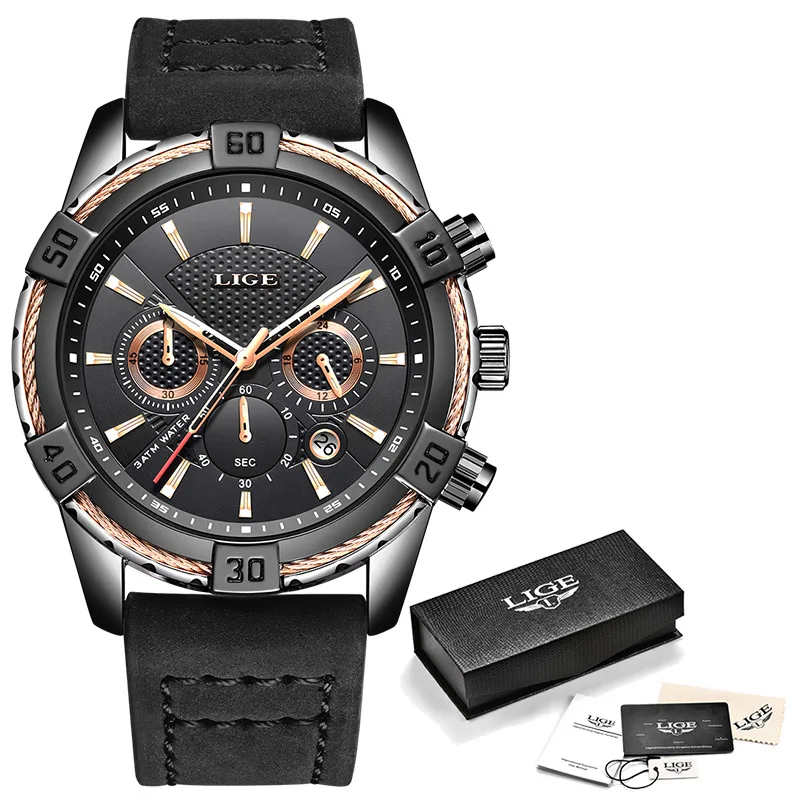 All black gold Часы LIGE мужские s часы Топ бренд класса люкс мужские повседневные кожаные водонепроницаемые Хронограф Мужские Спортивные кварцевые часы Relogio Masculino - Цвет: All black gold