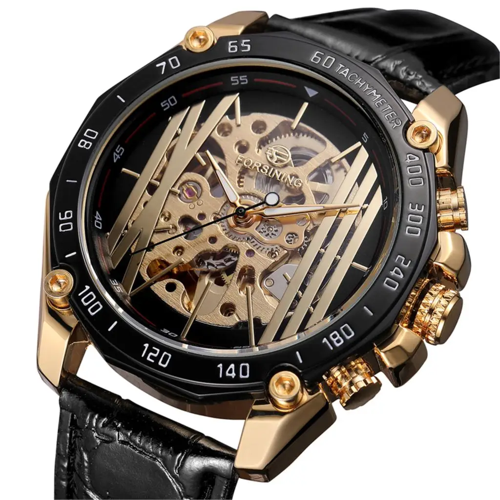 Forsining коллекция прозрачный чехол золотой кожаный ремешок наручные часы Скелет