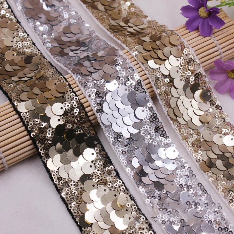 

5Yards 4CM Width Sequin Beading Lace Trim Gold Silver Embroidery Fabric DIY Cloth Sew On Dress Lace Ribbon Wedding Decoration