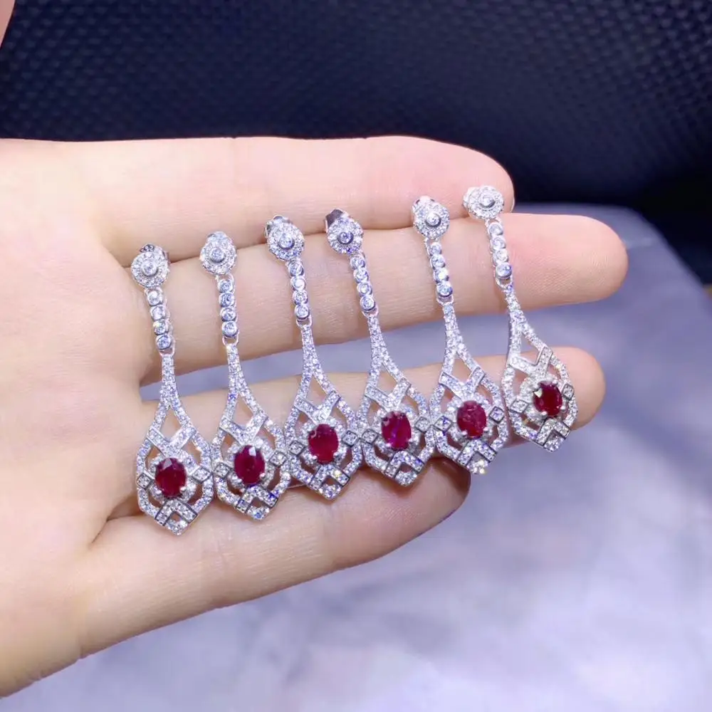 

Luxurious Tassels geometry S925 silver natural red ruby drop earrings natural gemstone women birthday party gift fine jewelry