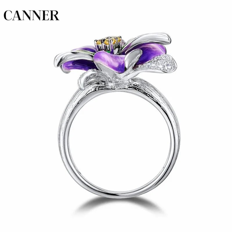 Кольцо с цветком и кристаллами Canner 925 пробы серебристые фиолетовые кольца для