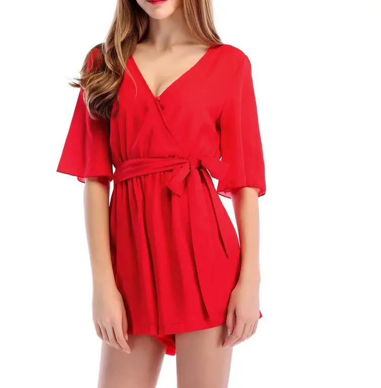 Boho Solid Ruffles Summer Playsuits Women Elegant Autumn Red V Neck Jumpsuits Rompers Sexy Beach Girls Short Overalls