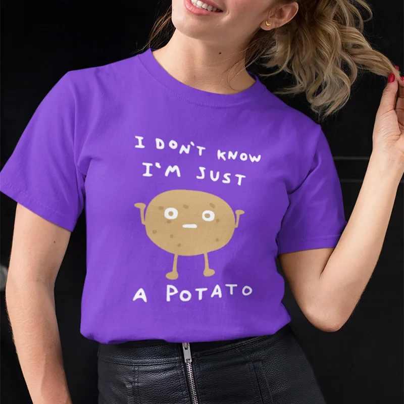 Футболка с героями мультфильмов Kawaii, Забавные топы с рисунком картофеля I Don't Know Humor, футболка с круглым вырезом для девочек мягкая хлопковая дышащая футболка с короткими рукавами - Цвет: Purple