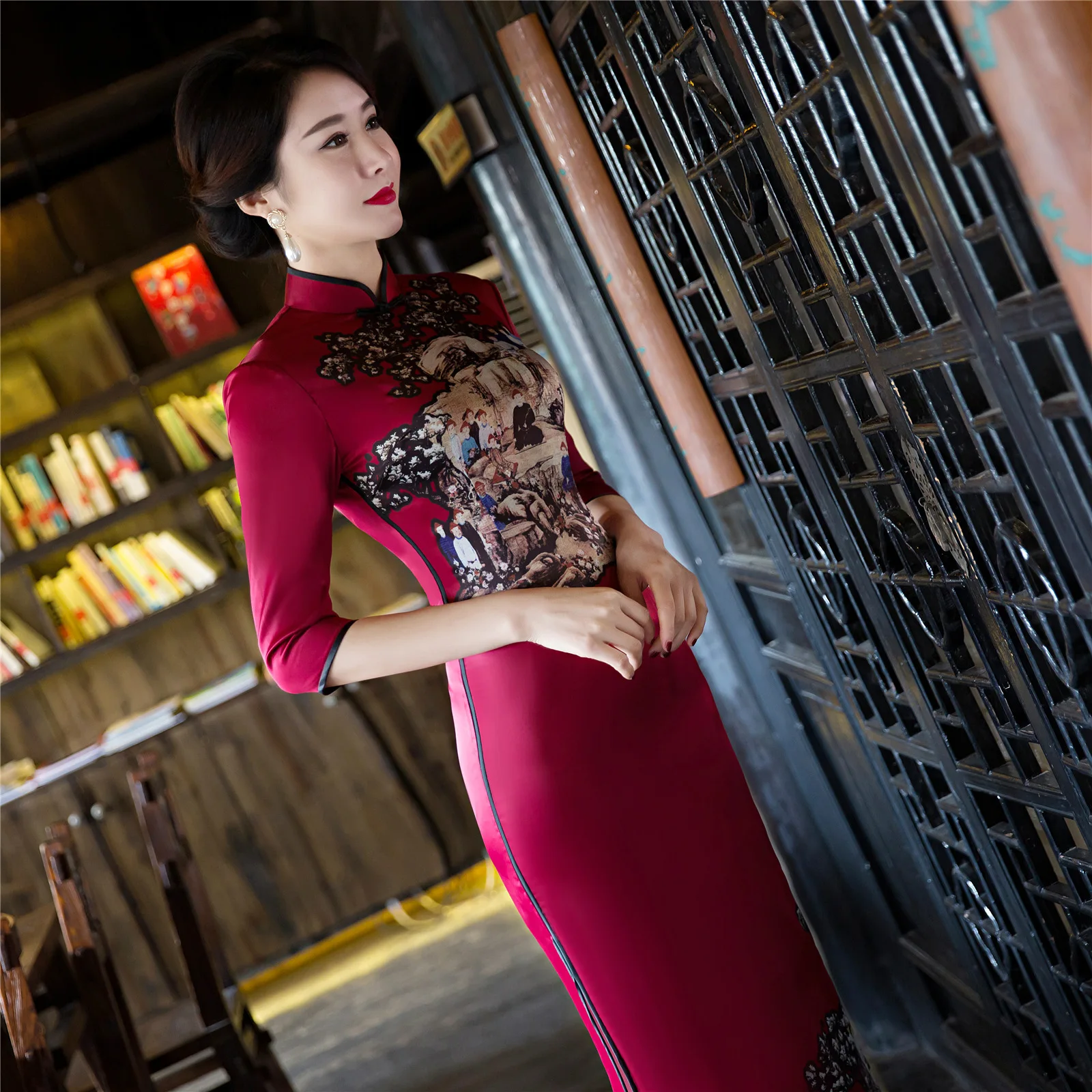 Женское длинное шелковое платье Ципао с длинным рукавом и вышивкой хлопковое