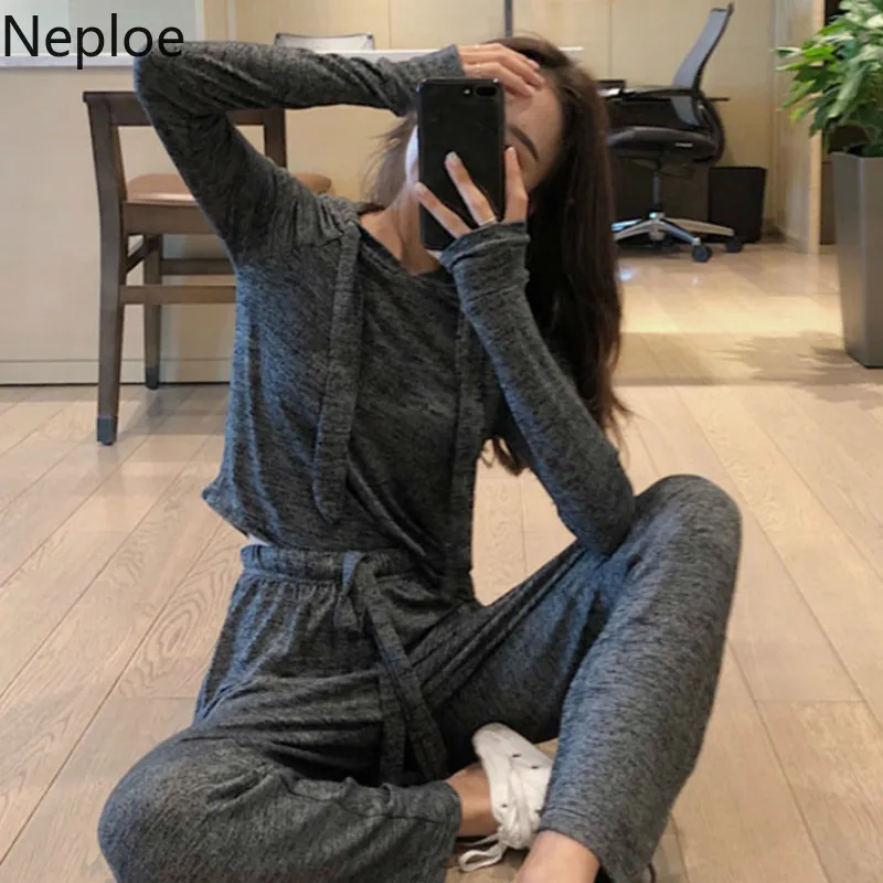 Neploe/женские комплекты из двух предметов однотонные Топы с капюшоном и длинными