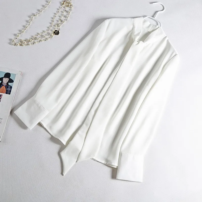 

White Tie Neck Bow Ruffle Plain Color Top Stand Collar Long Sleeve Women OL Style Blouse 2019 Summer New Elegant Work Blouse