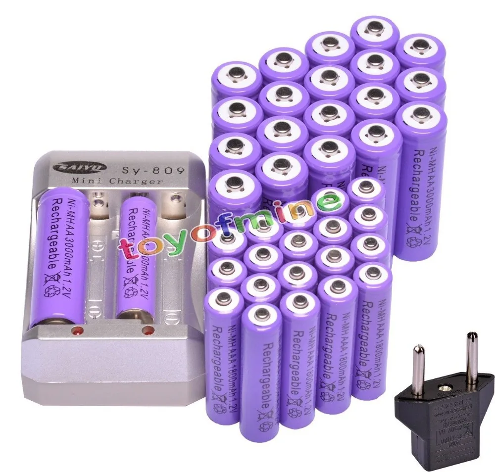 

20x AA 3000mAh +20x AAA 1800mAh 1.2V Ni-MH Purple Rechargeable Battery +Charger USA Plug + EU Plug Adapter