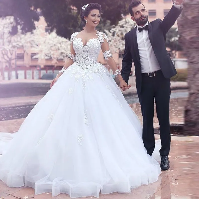 

Ball Gown Long Sleeve Lace Tulle Elegant Formal Sweetheart Gorgeous Bride Wedding Dresses