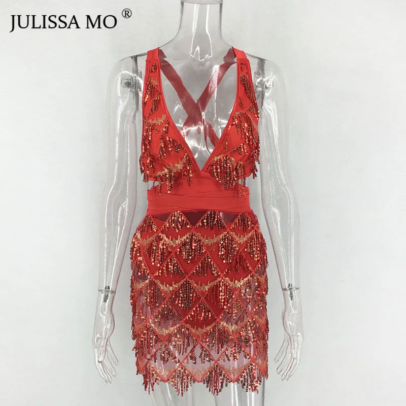 Красный Julissa mo, серебристое Бандажное облегающее платье с блестками, женское сексуальное мини-платье с открытой спиной,, вечернее платье с кисточками знаменитостей vestidos - Цвет: Красный