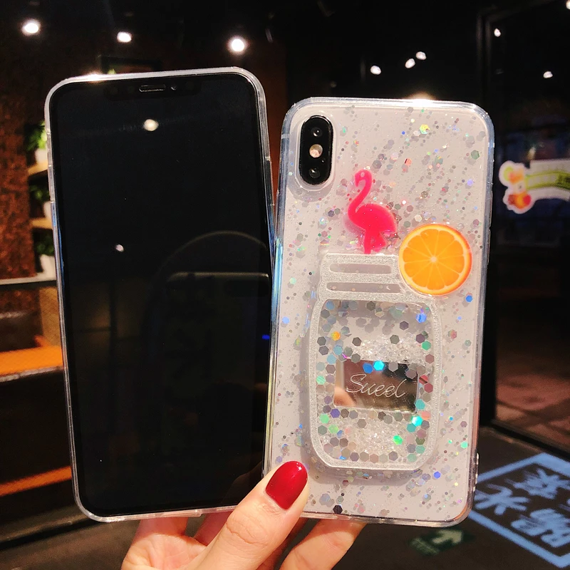 Cute Glitter Bling Transparent Liquid Flamingo Phone Case for iPhone 6 6s 7 8 Plus Glossy Soft For X XS Max XR Cover | Мобильные