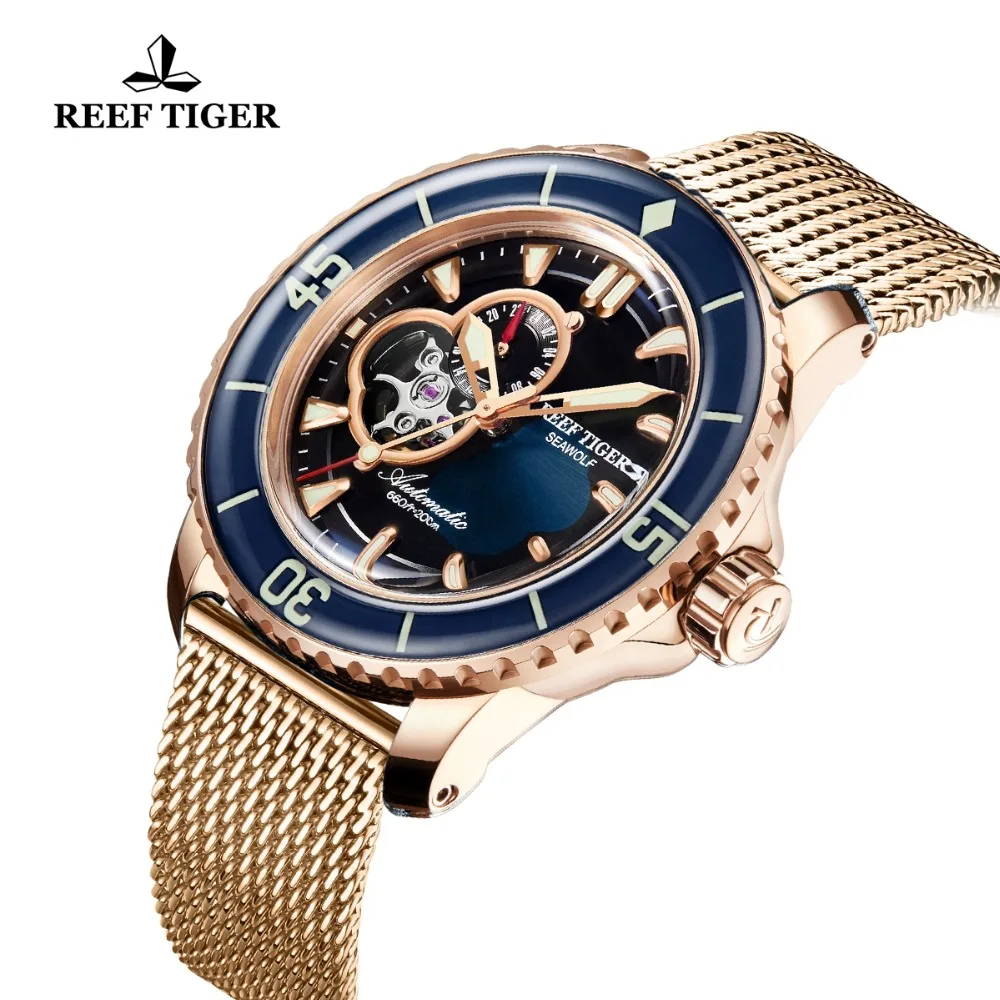 

Reef Tiger/RT Automatic Sport Watch Men Rose Gold Bracelet Luminous Diving Watch Waterproof 200m Relogio Masculino RGA3039