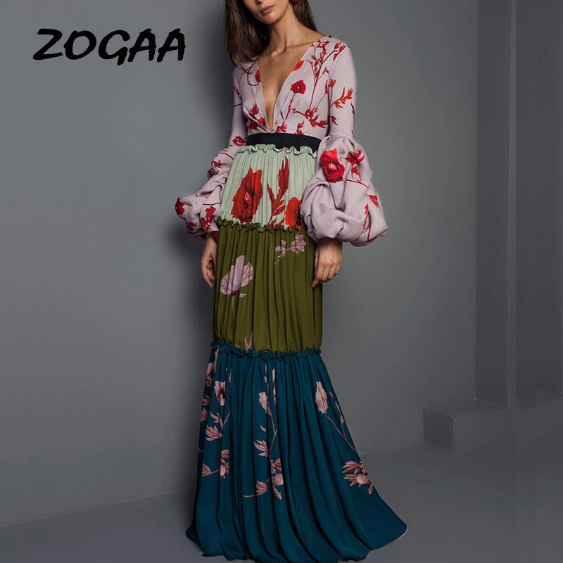 

2019 Floral Print Long Dress Deep V Neck Patchwork Noble Elegant Evening Party Night Long Dress Women Summer maxi robe femme