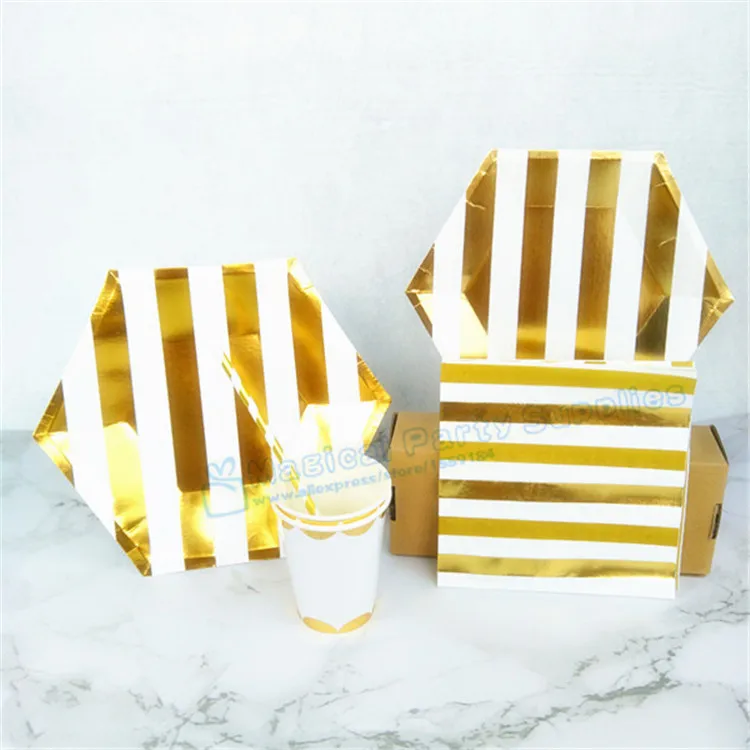 80 Sets Metallic Gold Striped Table Setting Paper Plates Dishes Cups Napkins Straws for Wedding Bridal Shower Bachelorette Party | Дом и сад