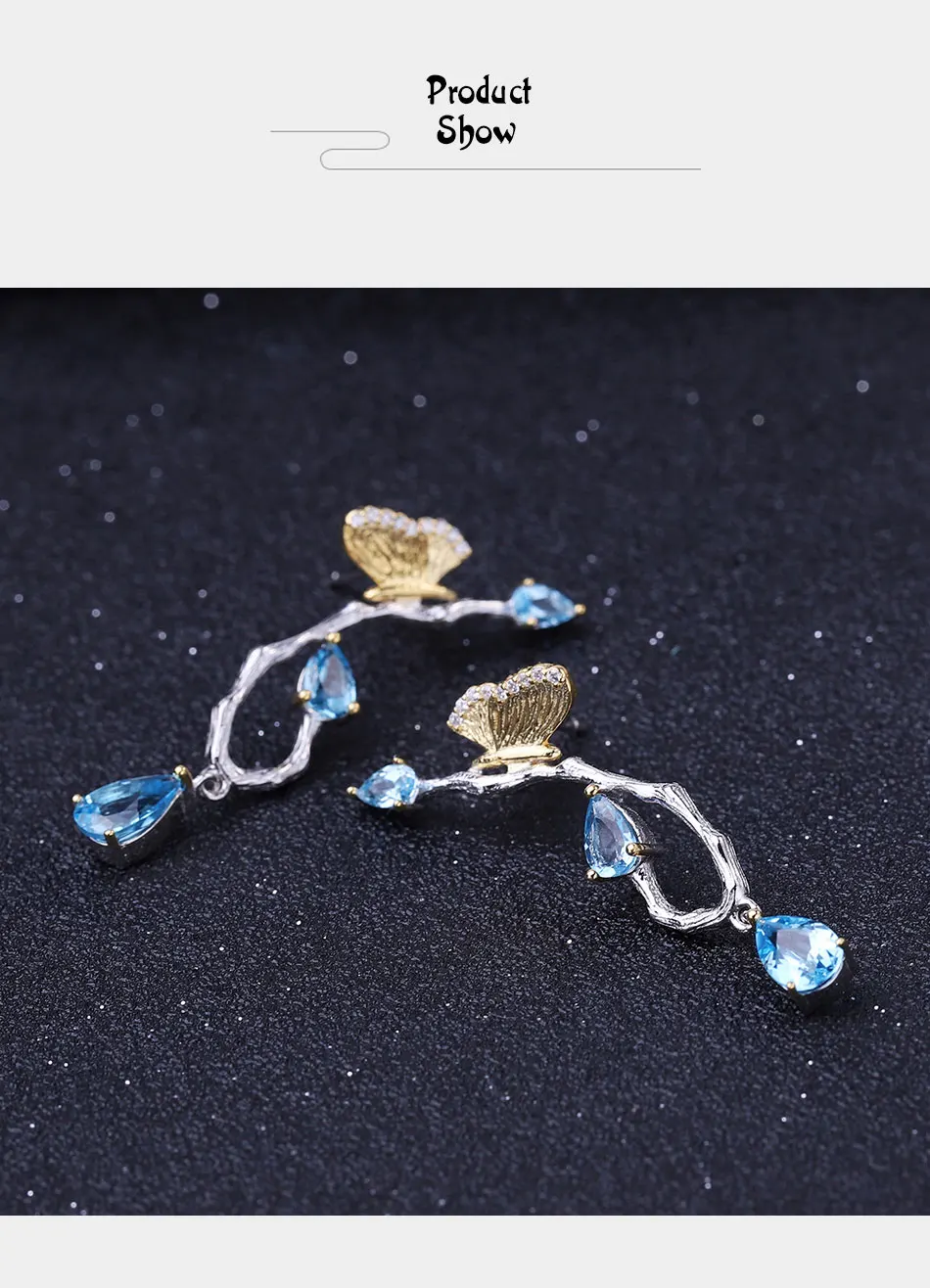 GEM'S BALLET 3.72Ct натуральный Швейцарский Голубой Топаз, Серьги с драгоценными камнями, 925 пробы, серебро, ручная работа, висячие серьги с бабочкой для женщин