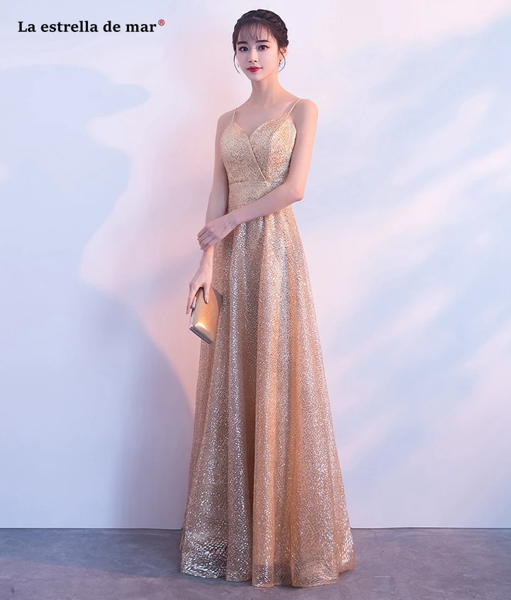 Vestido boda mujer, Новое сексуальное ТРАПЕЦИЕВИДНОЕ ПЛАТЬЕ подружки невесты с v-образным вырезом и бретельками цвета шампанского, золотого цвета, длинное vestido boda mujer invitada