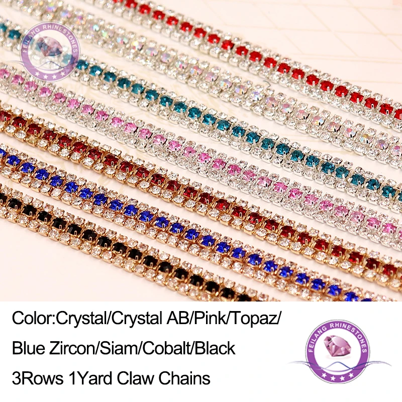 Feilang ss8 + ss16 3 ряда стеклянная стразы цепь для чашек 1 ярд/lo tCrystal AB аксессуары одежды