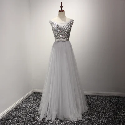 Серый Ladybeauty Новые сексуальные роскошные длинные стильные платья Дорогой расшитый бусами тюль Платья для официальных мероприятий и вечеринок с кристаллами и жемчугом Длина в пол - Цвет: Серый