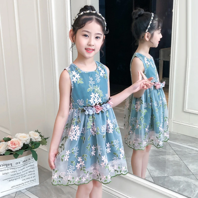 Girls Summer Jumper Dress Princess O-neck Sleeveless Vest Dresses Flower Embroidery Casual Kids Tulle Frocks | Детская одежда и