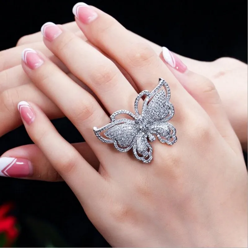 

Luxury Jewelry Exaggeration Women Ring 925 Silver&Rose Gold Fill Pave 5A Cubic Zirconia Butterfly Women Wedding Band Ring Gift