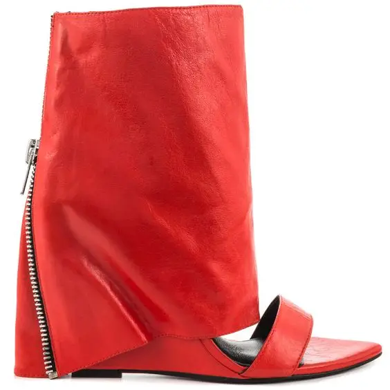 red leather Новинка года; летние женские сапоги на танкетке с открытым носком; женские ботильоны с отворотами; пикантные женские сапоги-гладиаторы на молнии сзади; вечерние сапоги - Цвет: red leather