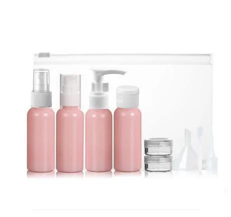 

10-piece clear airline approved Refillable Containers and Bottles Travel kit set for cosmetic items(Pink / white)