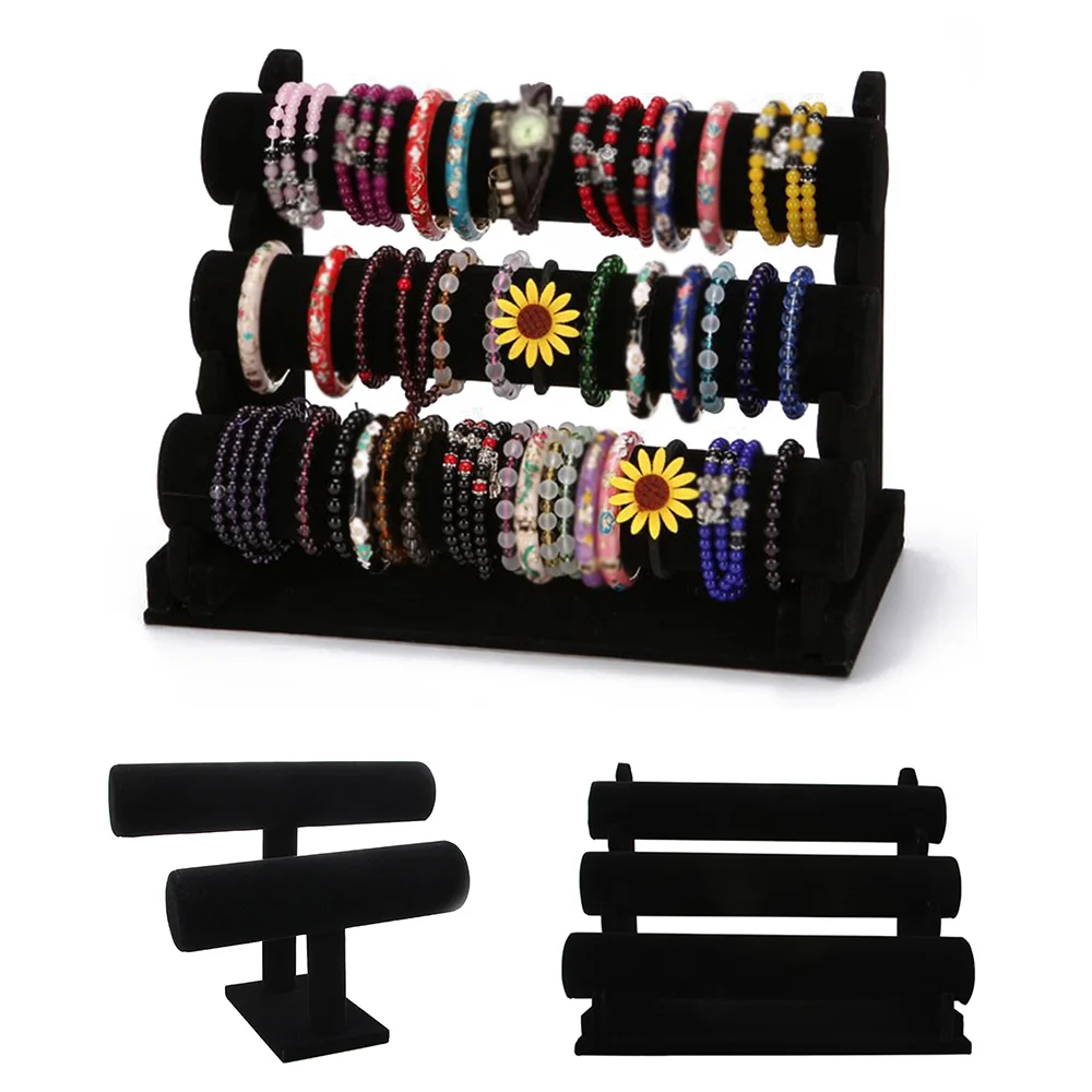 

Mult-layer Black Portable Velvet Bracelet Bangle Necklace Display Stand Holder Headwear Watch Jewelry Organizer T-Bar Rack