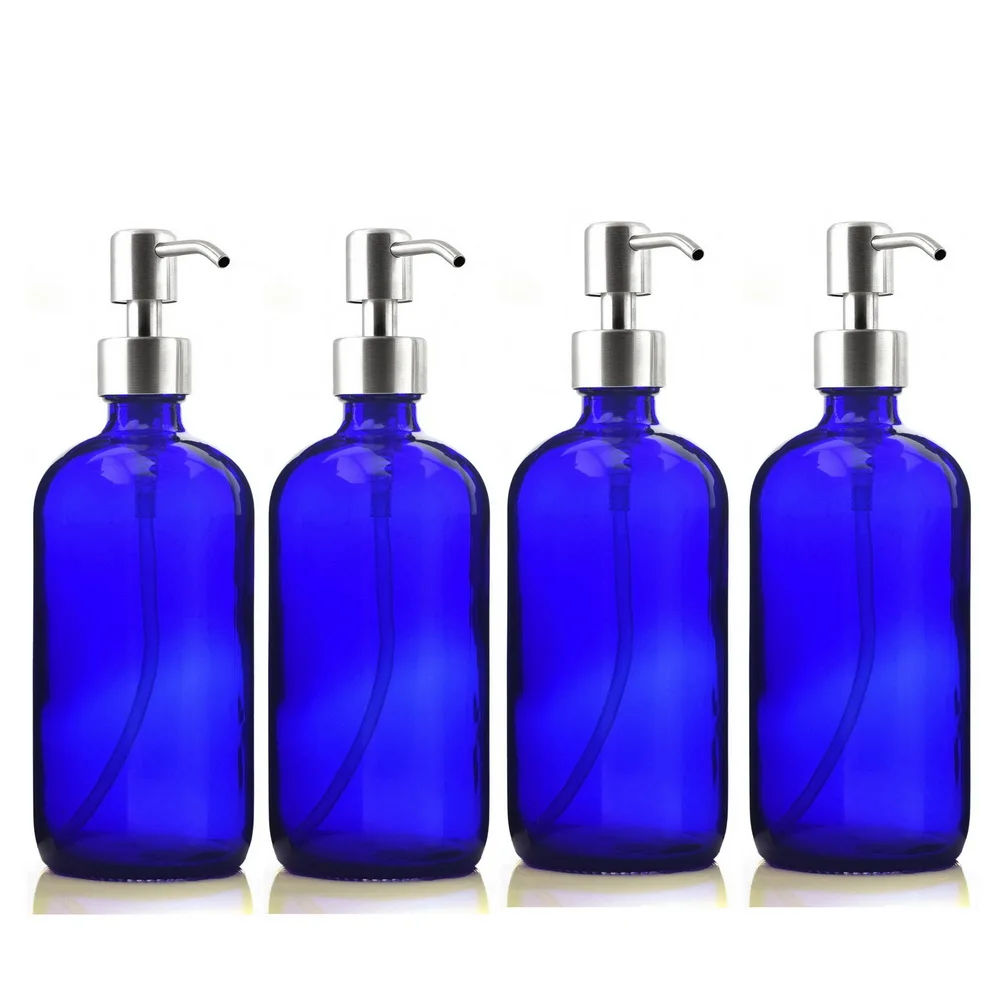 

4 pack 500ml Refillable Blue Glass Pump Bottle w/ Stainless Steel Hand Pump for Bathroom Kitchen Liquid Soap Lotions Empty 16 Oz