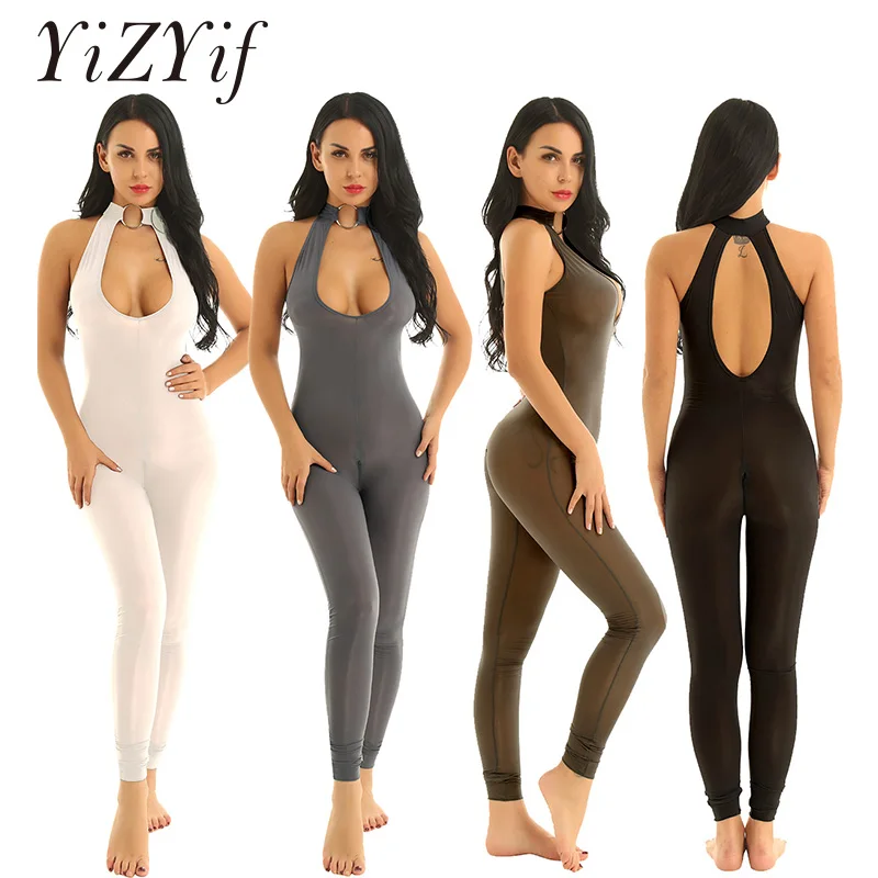 

Women Sexy Leotard Bodysuit One Piece See Through Sheer Lingerie Halter Neck Sleeveless Open Bust Zipper Crotch Smooth Catsuit