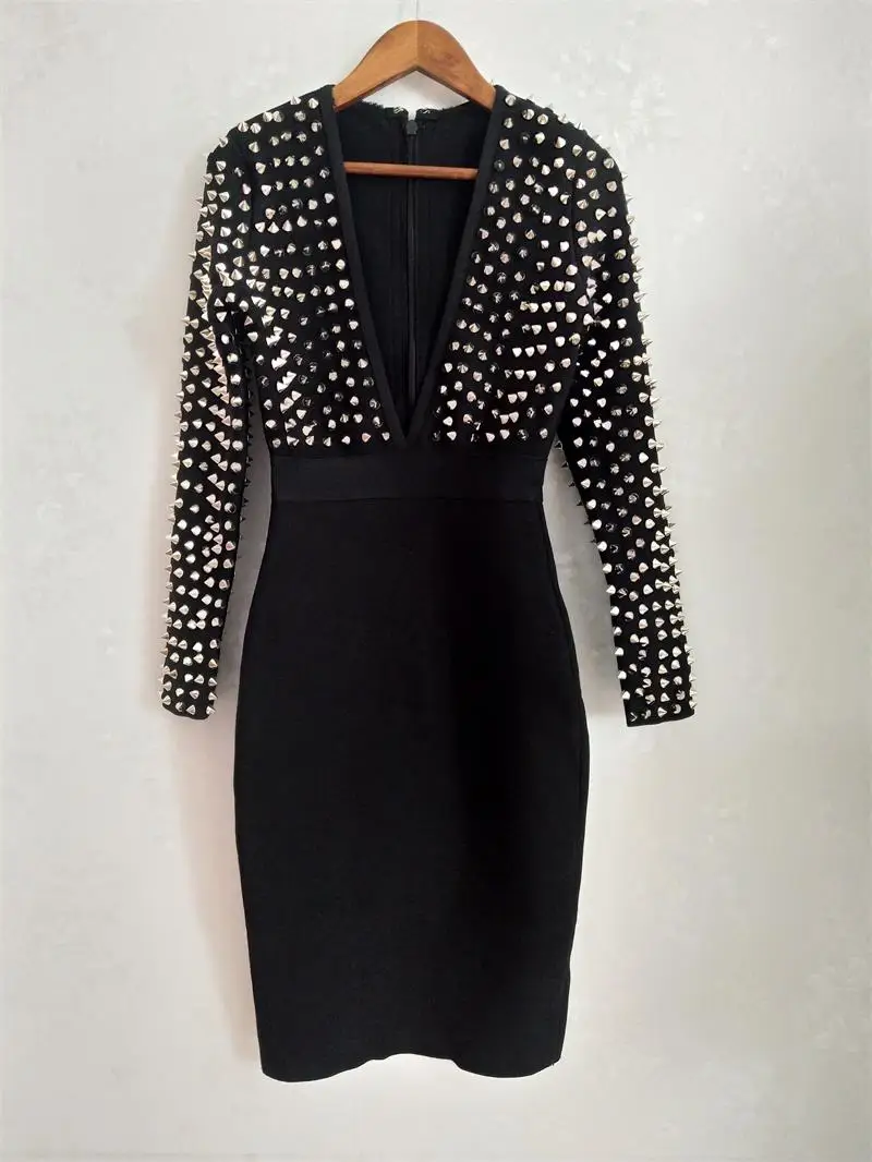 Бандажный с заклепками платье для женщин черного цвета новинка длинный рукав