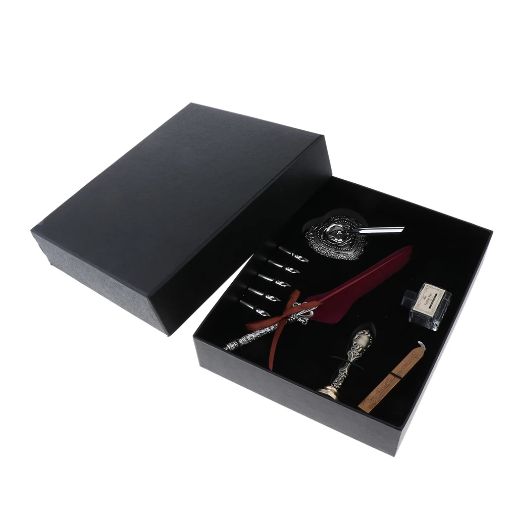 Wine Red Ретро пишущий Quill Dip набор перьевых ручек, каллиграфическая ручка Подарочный набор с 5 металлическими наконечниками, держатель ручки уплотнение воск штамп свадебный подарок - Цвет: Wine Red