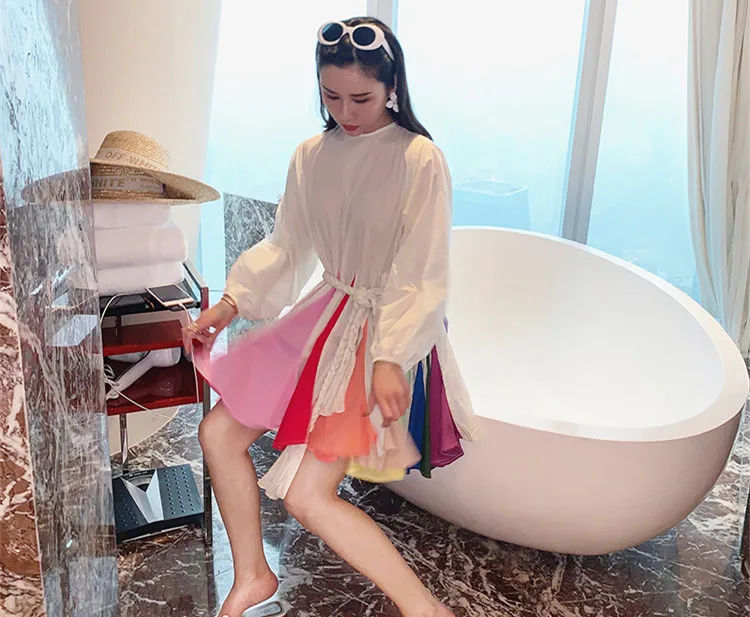 WHITNEY WANG 2019 весна лето мода уличная цвета контрастная Радуга оборки русалка мини