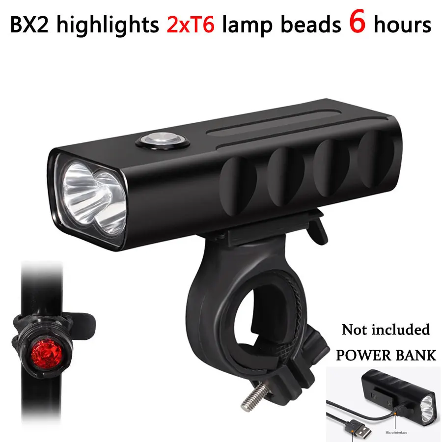 BX2-2XT6-L-6H Передний велосипедный головной светильник светодиодный велосипедный светильник USB Перезаряжаемый Аккумулятор велосипедный светильник+ крепление на руль+ USB линия+ внешний аккумулятор farol Bike - Цвет: BX2-2XT6-L-6H