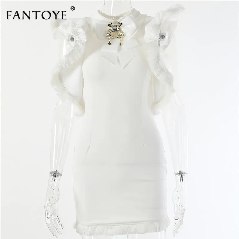 Белый Fantoye, новинка, хит, женское платье для вечеринки, элегантное, с оборками, с кисточками, Vestidos, облегающее платье, летнее, сексуальное, для девушек, Клубная одежда, платье для женщин - Цвет: Белый